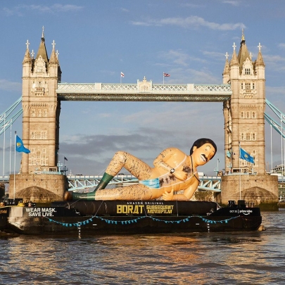 A film launch, the River Thames and Borat wearing a facemask as a thong